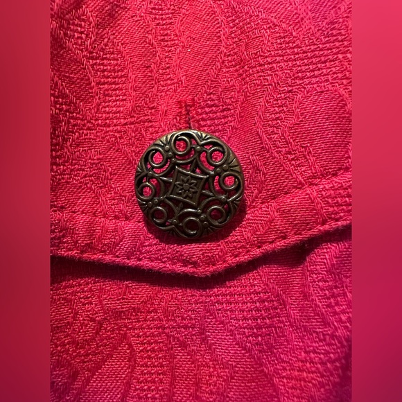 COLDWATER Creek Red Damask Zip Jeans Jacket With Ruffle Trim sz 2X - Picture 5 of 8